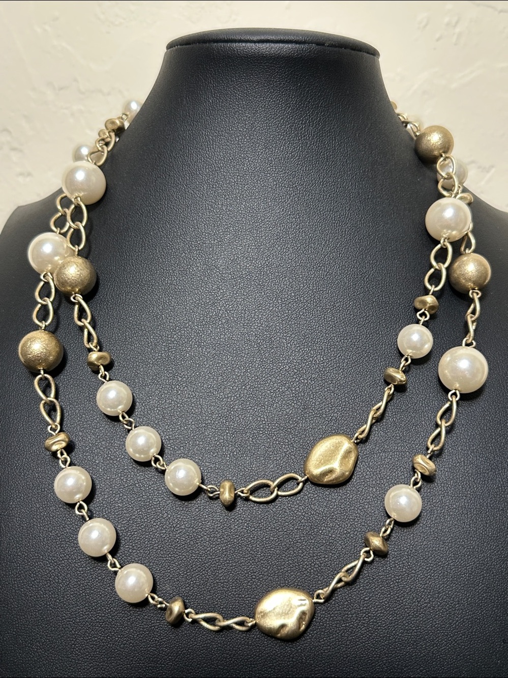 Lia Sophia Long Pearl & Matte Gold Textured Nugget Bead Necklace